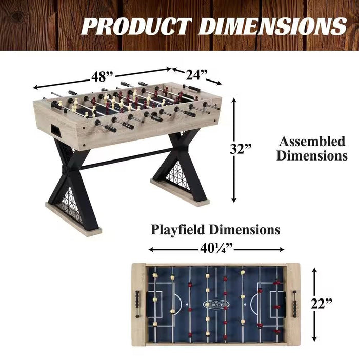 Foosball table with dimensions labeled on a wooden background