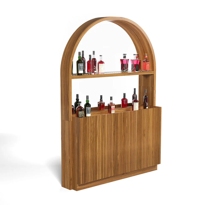 Wooden bar cart with bottles on a white background