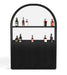 Black bar cart with glass front displaying various bottles on a white background