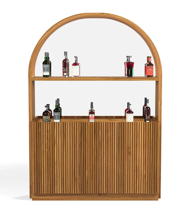 Wooden bar cabinet with mirrored back and shelves displaying bottles on a white background