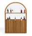 Wooden bar cabinet with mirrored back and shelves displaying bottles on a white background