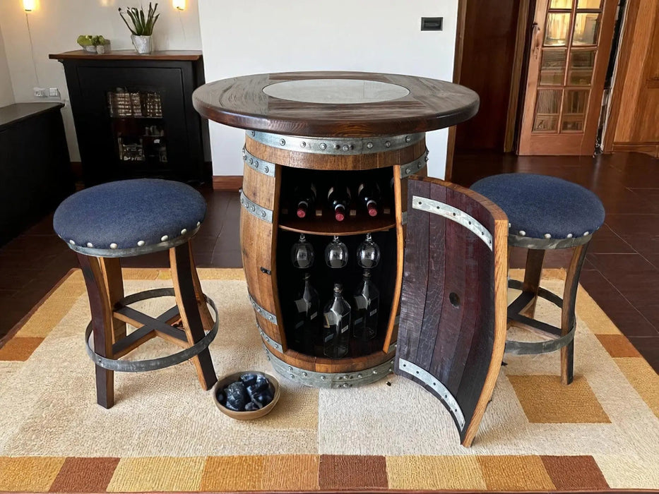 Barrel-shaped bar with wine bottles and glasses in a home setting