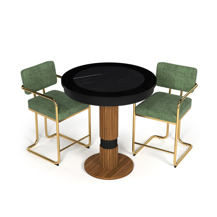 Round black table with wooden base and two green chairs on a white background
