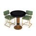 Round black table with wooden base and two green chairs on a white background