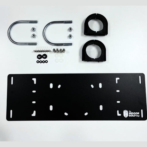 Set of black metal components and hardware on a white background