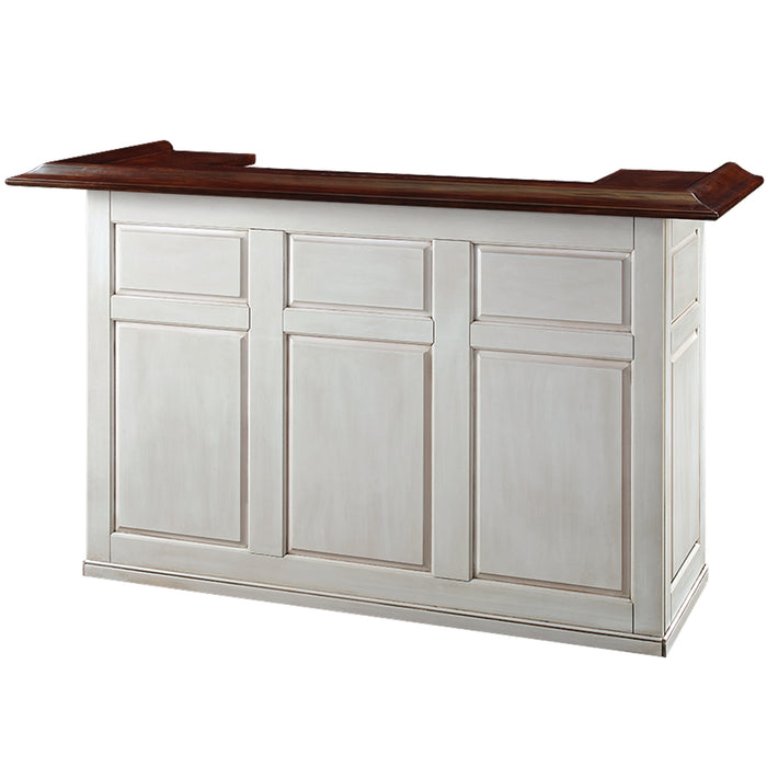 White kitchen island with dark wood countertop on a white background