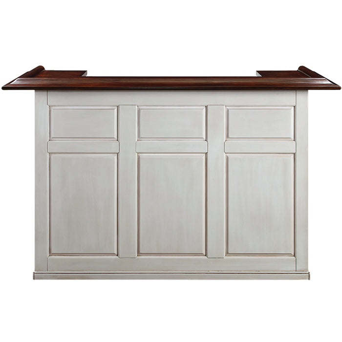 White kitchen island with dark wood countertop on a white background