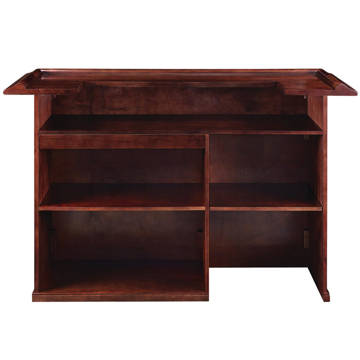 Wooden desk with three shelves on a white background