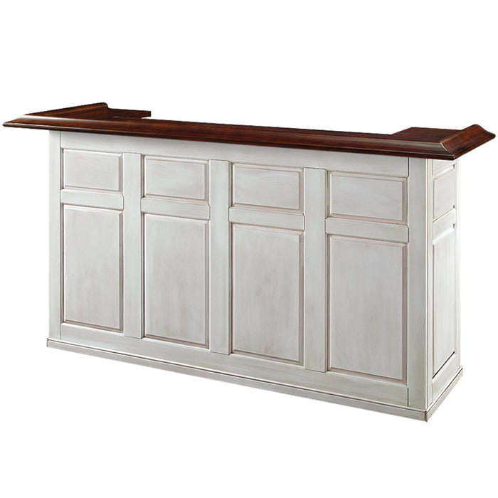 Wooden bar with white base and dark brown top on a white background