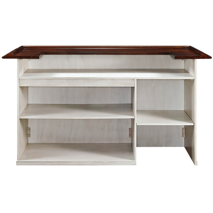 White bar with a dark wood top on a white background