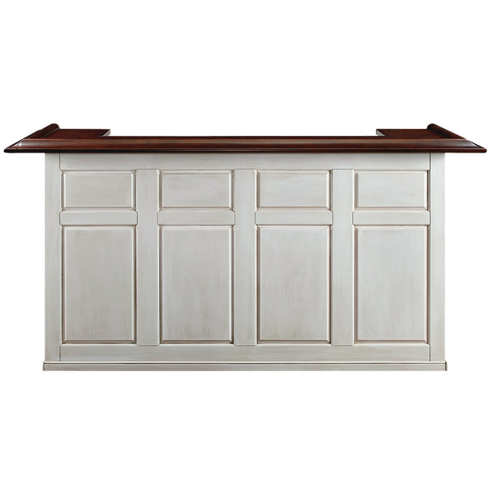 White bar cabinet with a dark wooden top on a white background