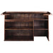 Dark wooden bar counter with copper accents on a white background
