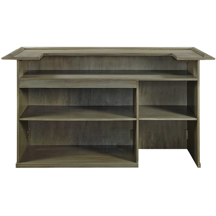 Slate Finish wooden bar cabinet with multiple shelves on a white background