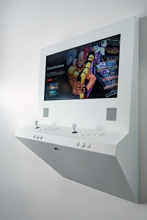 Digital display mounted on a wall with a screen showing colorful graphics.