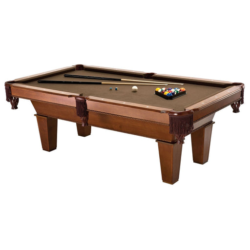 Wooden pool table with billiard balls and cues on a white background