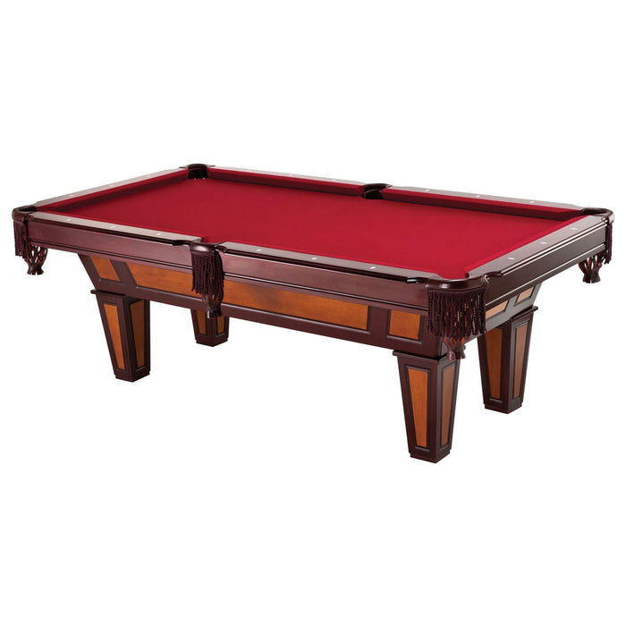 Billiard table with red felt surface on a white background