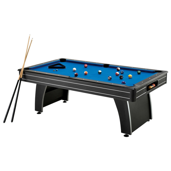 Pool table with blue felt surface and pool cues on a white background