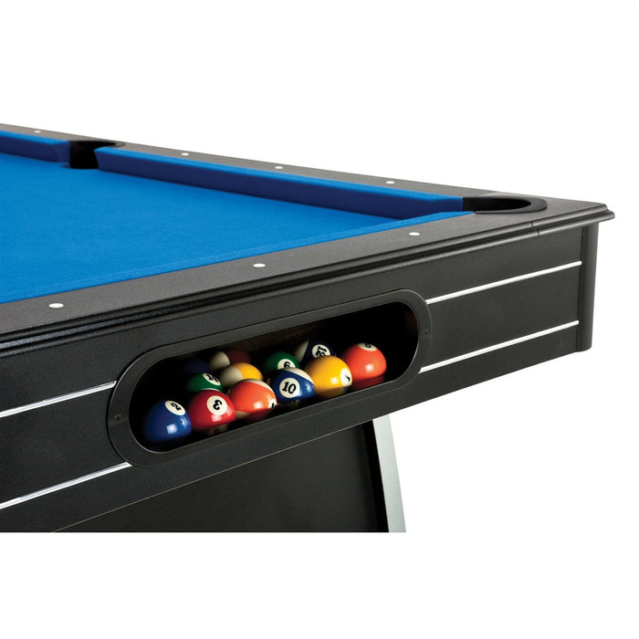 Pool table with billiard balls in a pocket on a white background