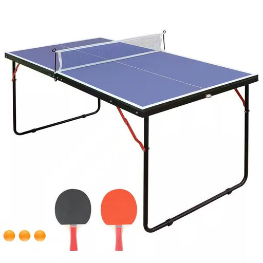 Table tennis table with two paddles and three balls on a white background