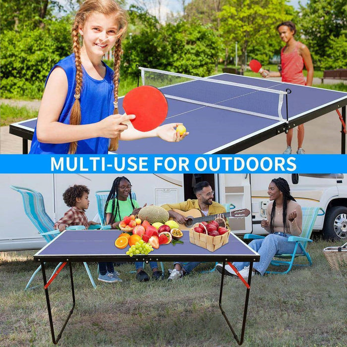 Portable ping pong table being used outdoors with people playing and a family sitting around it.