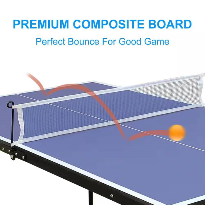 Table tennis table with a ball and net, emphasizing a premium composite board.