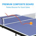Table tennis table with a ball and net, emphasizing a premium composite board.