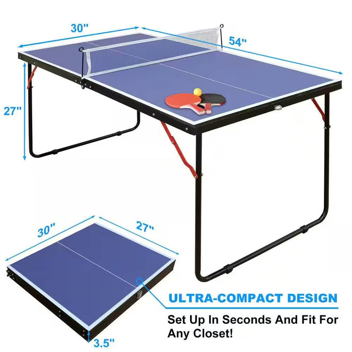 Compact table tennis table with dimensions and features highlighted on a white background