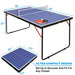 Compact table tennis table with dimensions and features highlighted on a white background