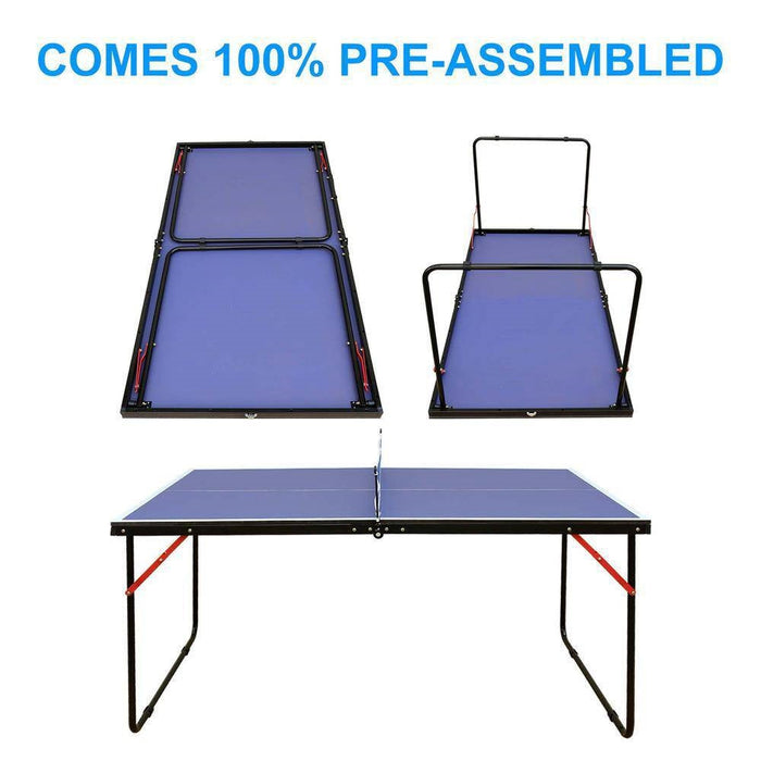 Pre-assembled ping pong table with blue surface and black frame on a white background