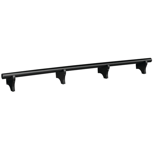Black footrail with floor support and mounting brackets on white background