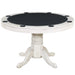 Round poker table with black playing surface and white base on a white background