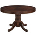 Round wooden table with a pedestal base on a white background
