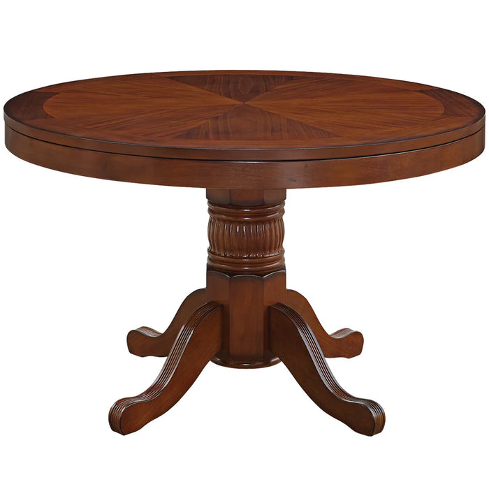 Round wooden table with a pedestal base on a white background
