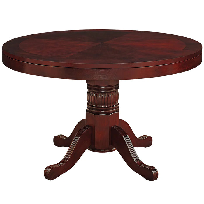 Round wooden table with a dark finish on a white background