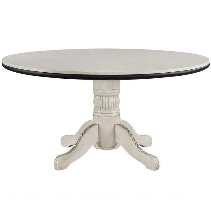 Round dining table with a white base and black top on a white background