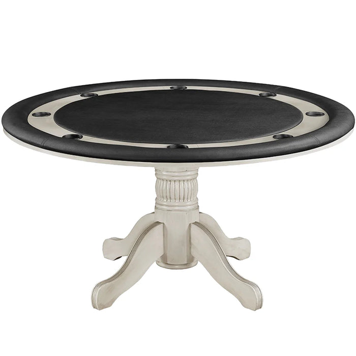 Round poker table with black playing surface and white base on a white background
