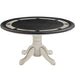 Round poker table with black playing surface and white base on a white background