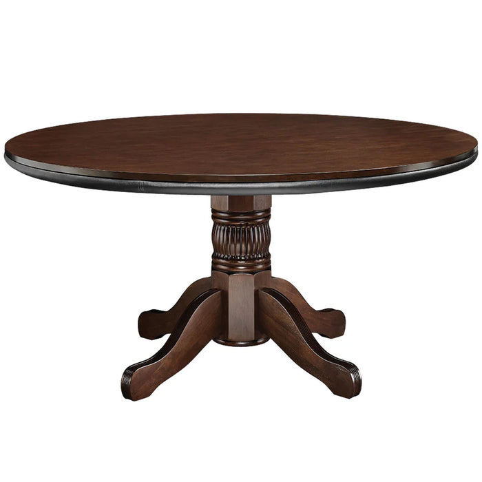 Wooden round table with a dark brown finish on a white background