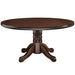 Wooden round table with a dark brown finish on a white background