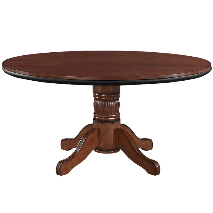 Round wooden table with a pedestal base on a white background