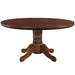 Round wooden table with a pedestal base on a white background