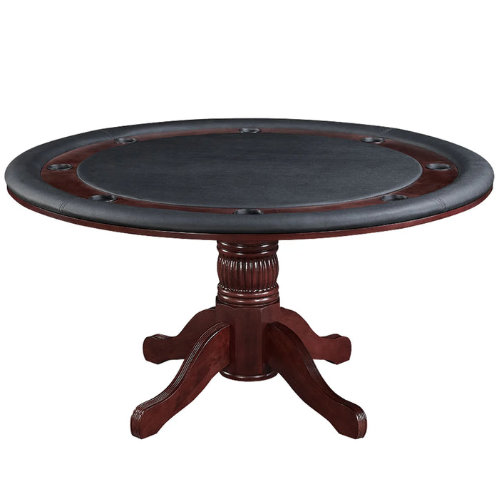Round poker table with black playing surface and wooden base on a white background