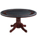 Round poker table with black playing surface and wooden base on a white background