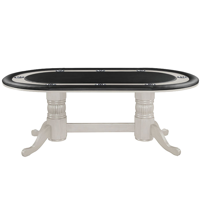 White dining table with a black glass top on a white background