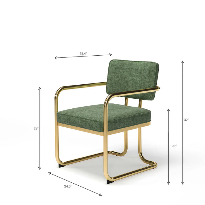 Green chair with gold frame and dimensions on a white background