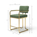 Green chair with gold frame and dimensions on a white background