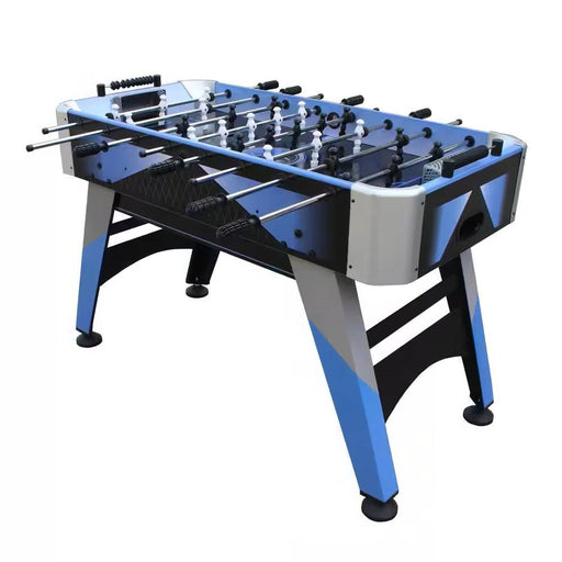 Foosball table with blue and black design on a white background