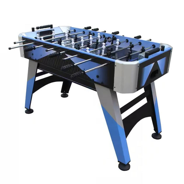 Foosball table with blue and black design on a white background