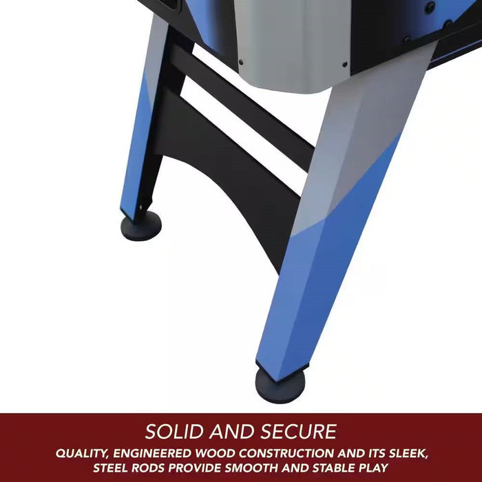 Close-up of a pool table with blue and black legs on a white background, featuring text about the table's construction.