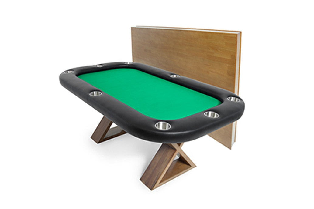 Portable gaming table with green playing surface and wooden legs on a white background
